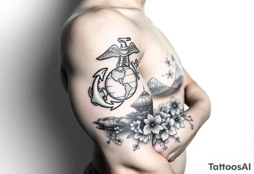 Marine Corps emblem with Cherry blossoms and Mount fuji tattoo idea