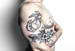Marine Corps emblem with Cherry blossoms and Mount fuji tattoo idea