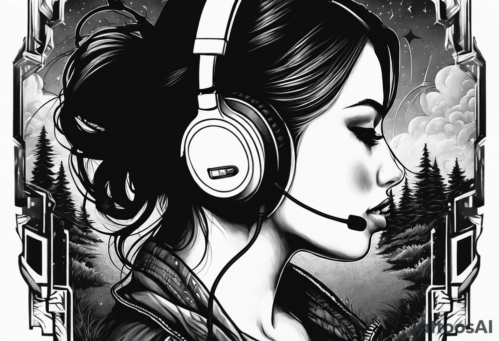 Girl with over the ear headphones walking down a dark road at night. Looking from behind tattoo idea