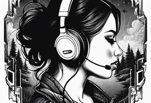 Girl with over the ear headphones walking down a dark road at night. Looking from behind tattoo idea