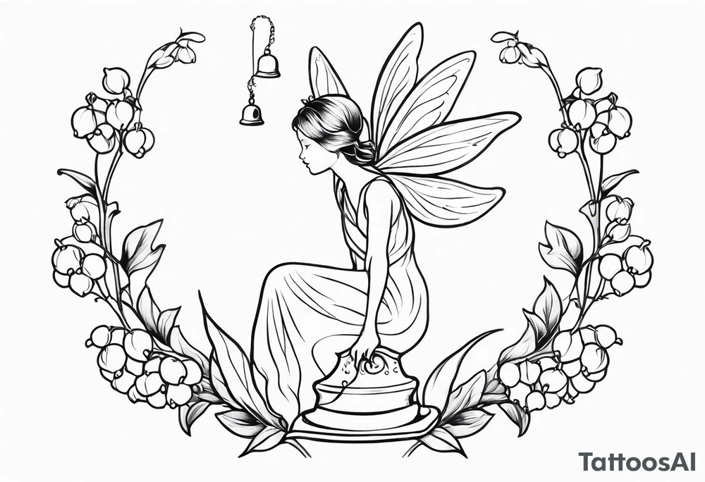 Lily of the valley stem with a fairy resting on one of the bells tattoo idea