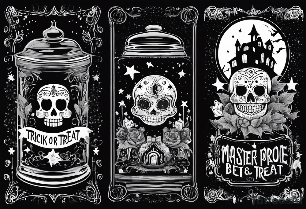 Trick or treat, 20 oz tumbler banner design, candy, minimalist, potions, brew, broom, spellbound, voodoo, cat, poly juice potion, moon, stars, sugar skull tattoo idea