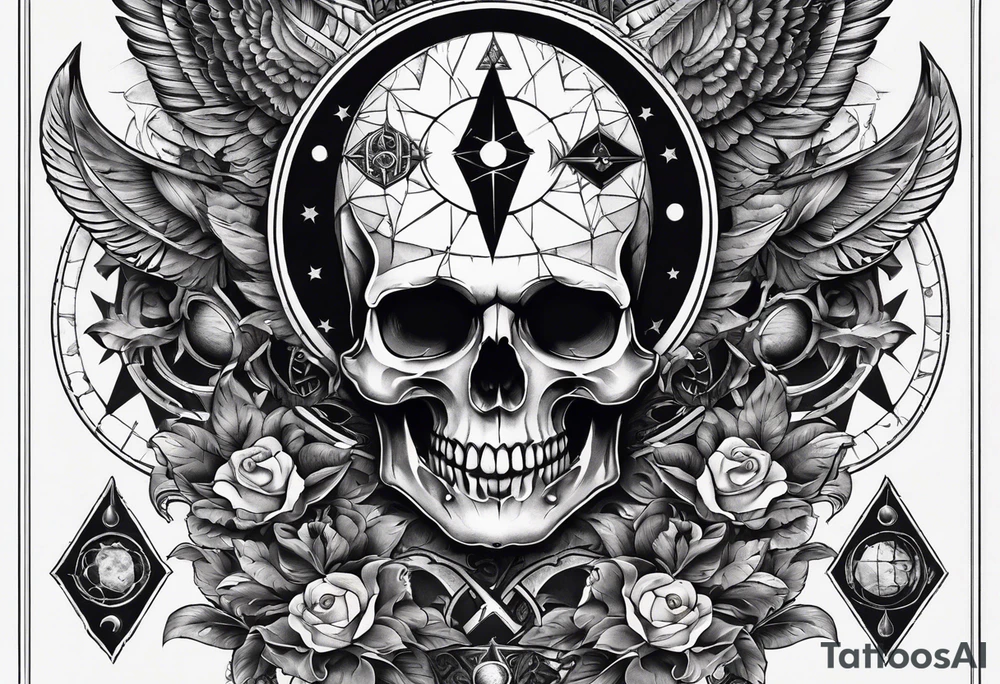 Skull with third eye and dagger through it with the phases of the moon at the bottom tattoo idea