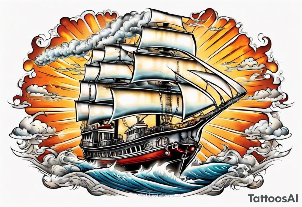 steam boat sailing out of the sun tattoo idea