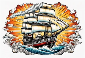 steam boat sailing out of the sun tattoo idea