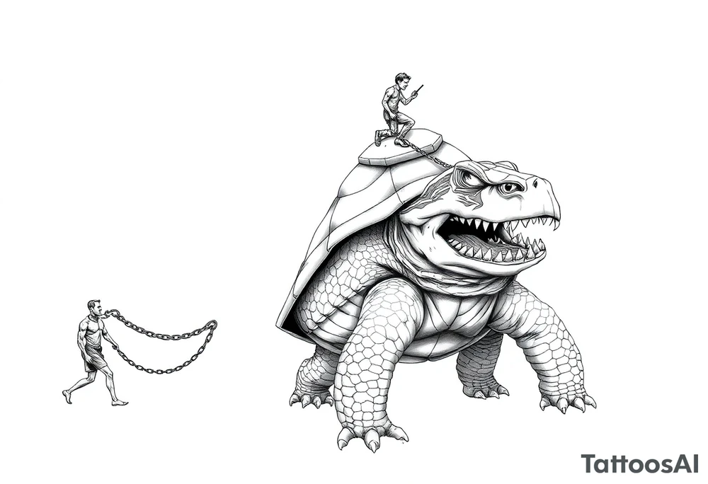 A giant walking 2 slaves on a chain leash an angry turtle with huge teeth with a little man riding on his back tattoo idea