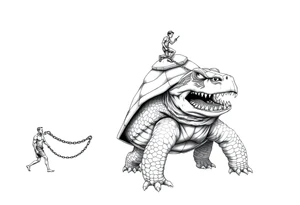 A giant walking 2 slaves on a chain leash an angry turtle with huge teeth with a little man riding on his back tattoo idea