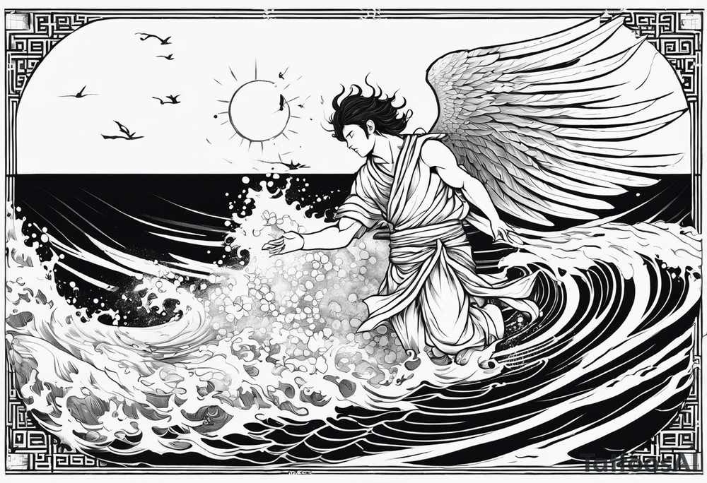 A falling greek men angel in the sea with the sun and all related to an asiatic culture and the anime Tokyo Ghoul tattoo idea