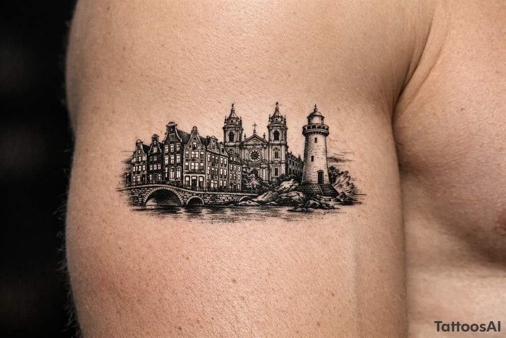 Cityscape silhouette of Amsterdam canal houses and Braga cathedral, with New Brighton lighthouse. tattoo idea