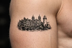 Cityscape silhouette of Amsterdam canal houses and Braga cathedral, with New Brighton lighthouse. tattoo idea