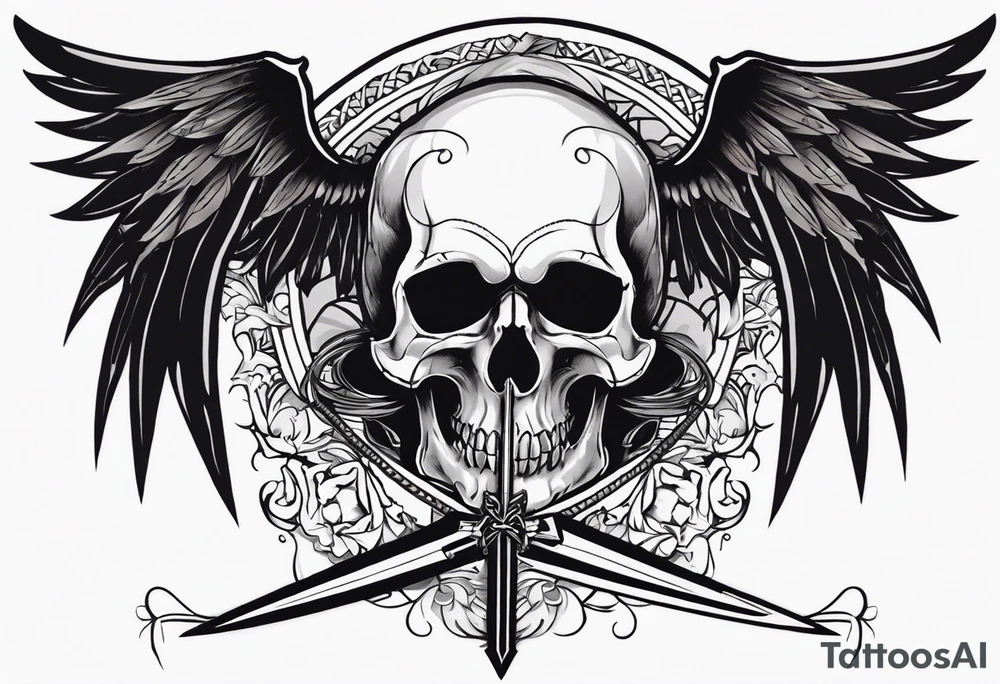 In the center is a half skull pierced by a large sword. On either side of the skull, there are spread angel wings, Beneath the skull is a ribbon cross elements on that, ribbon weaves through both the skull and the sword tattoo idea