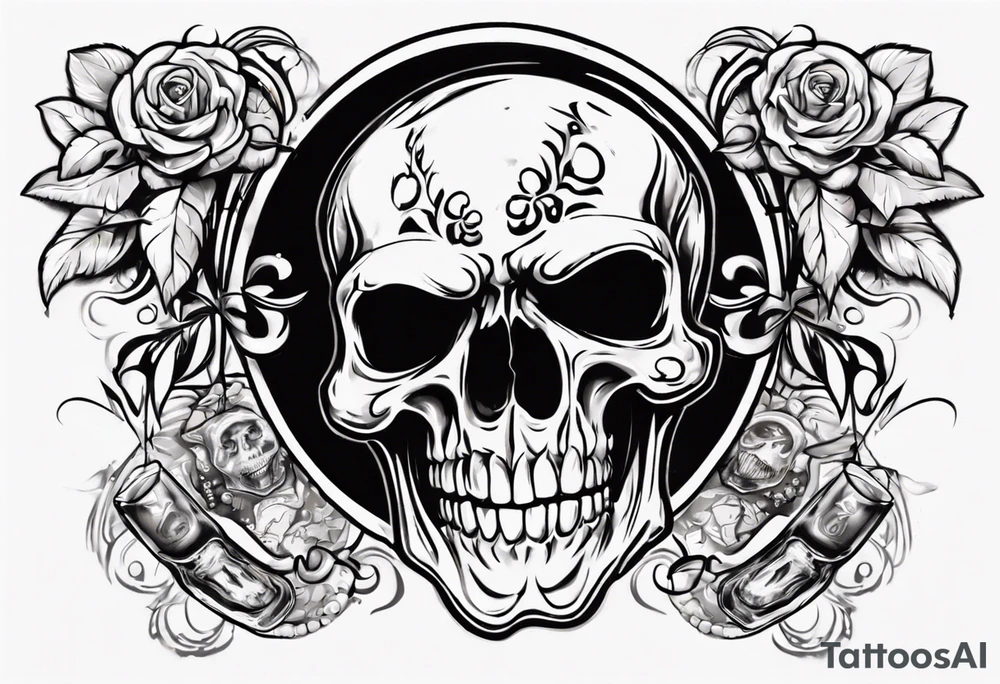 A smiling looking to the left scull inside the glass with alcohol and piece of lime tattoo idea