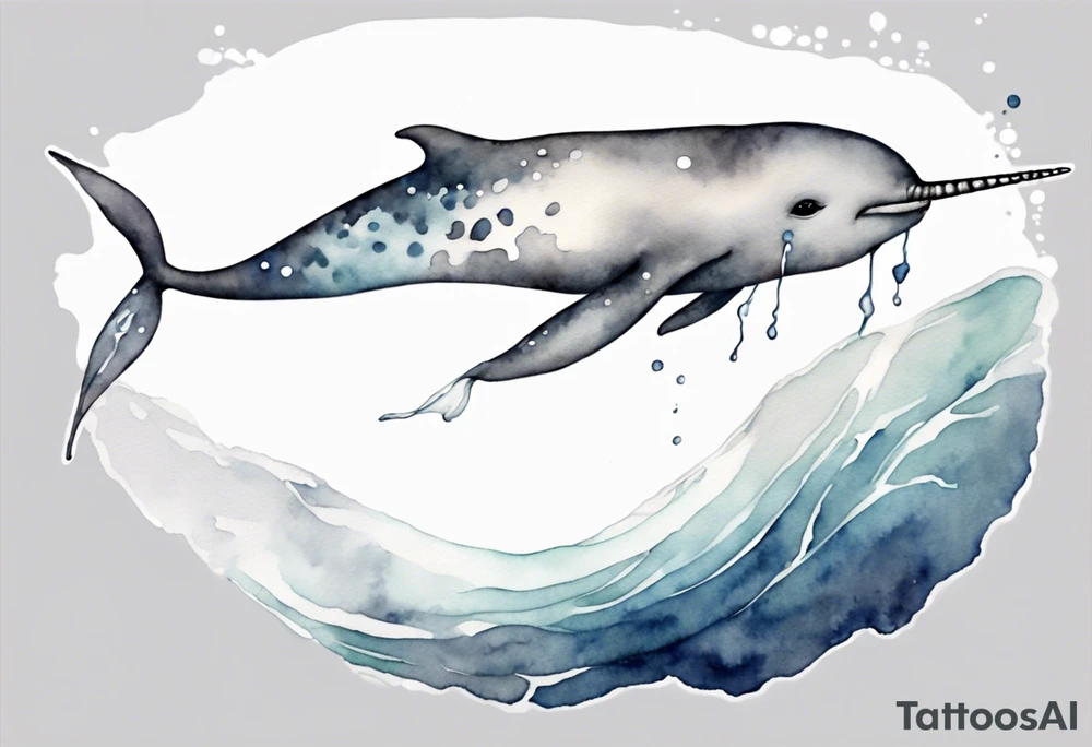 a melancholy watercolor painting of a realistic narwhal swimming in a grey ocean tattoo idea