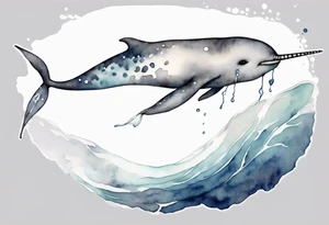 a melancholy watercolor painting of a realistic narwhal swimming in a grey ocean tattoo idea