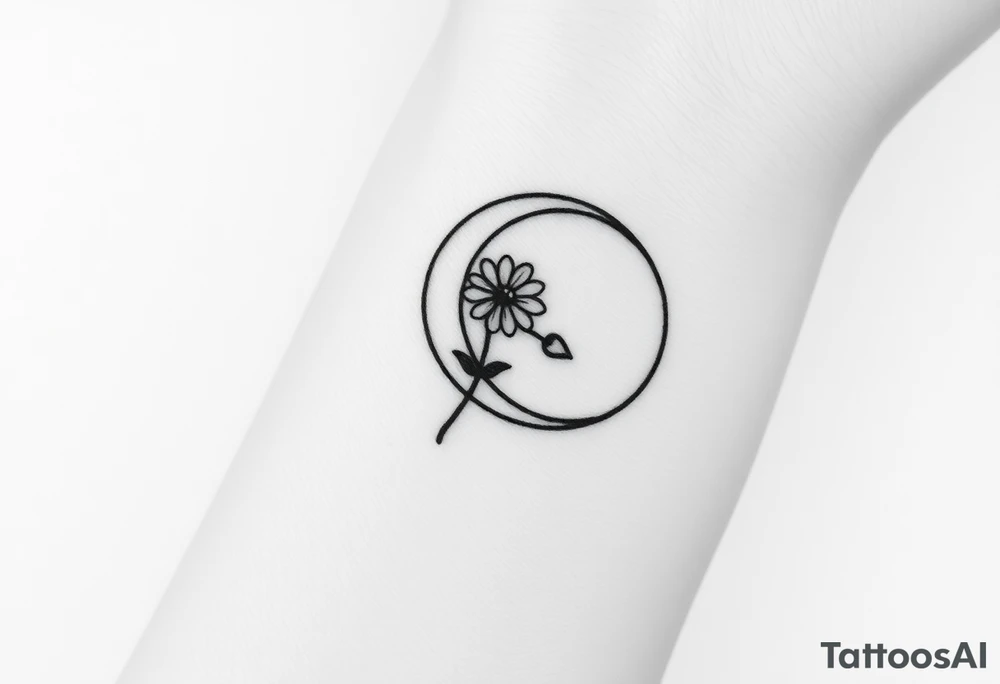 Small black and white tattoo waxing crescent moon with small Daisy birth flower and tiny Leo gliph tattoo idea