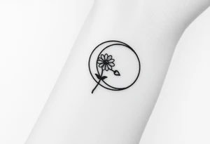 Small black and white tattoo waxing crescent moon with small Daisy birth flower and tiny Leo gliph tattoo idea