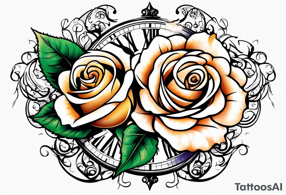 rose, sun light, dove, clock, and text box tattoo idea