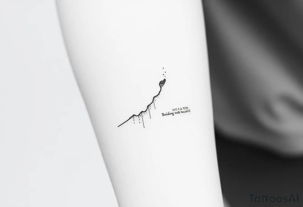 Minimalist black-ink forearm tattoo honoring a father and the continuation of his legacy. Central design: a single, rising abstract line or path starting faint and fragmented at the bottom (symbolizing the father’s unfinished work) and growing solid and strong as it rises (representing the son carrying the legacy forward). Along the path, include fine particle-like lines or dots flowing upward, symbolizing the father’s presence and guidance cheering the son on. Subtly integrate an abstract outline of the father’s figure or hand at the top, ethereal and minimal, watching proudly over the path. Include the Roman numerals or small elegant text: “VI·IV·MMXXIII” to mark April 6, 2023, and optionally the phrase “Building what he couldn’t” integrated along the line. Style: clean, minimalistic, fine-line black ink only, simple but meaningful, vertical forearm layout, emphasizing legacy, guidance, and emotional depth. tattoo idea