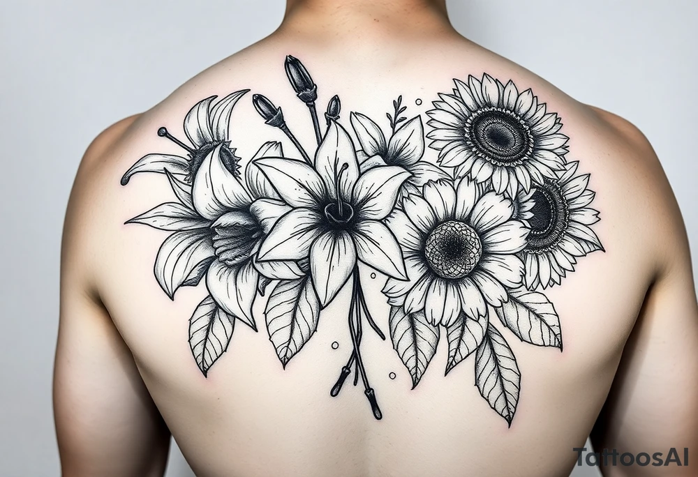 vintage bouquet of star gazer lillies and wild roses sunflowers with morning dew tattoo idea
