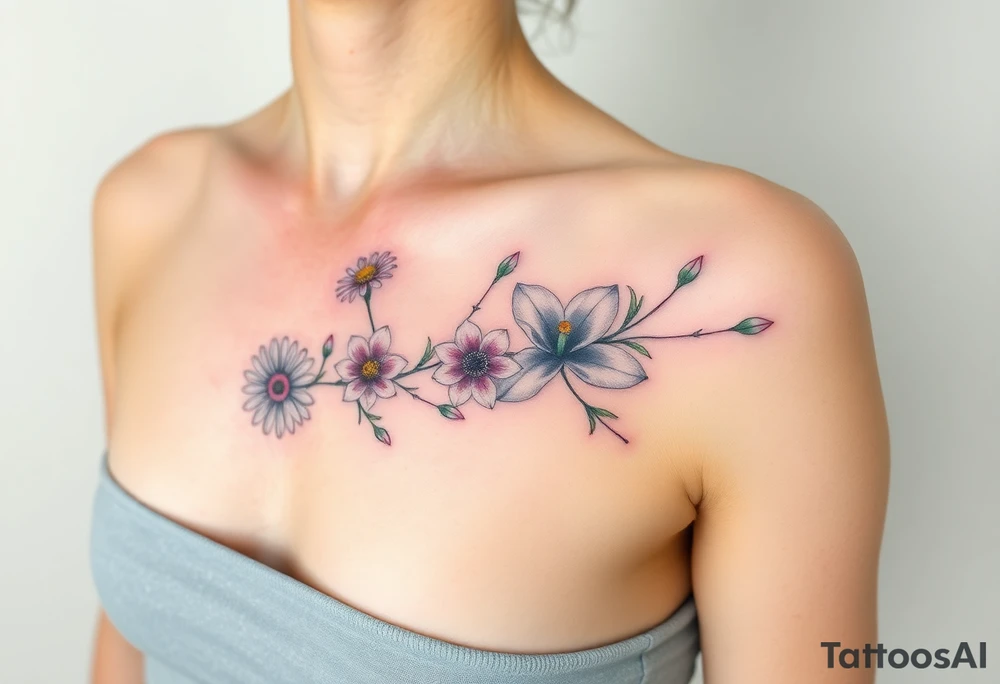 This tattoo is on a woman. It is a line of flowers connected by a single stem. It starts on her left side of the chest with a Glaiolus and Daisy together, then the tatoo rises over the left shoulder and down the arm and ends at the elbow. The tattoo will include a primrose, Calla Lily, and a Lilly. It will be light on color except in the petals and has light shading to make it pop. tattoo idea