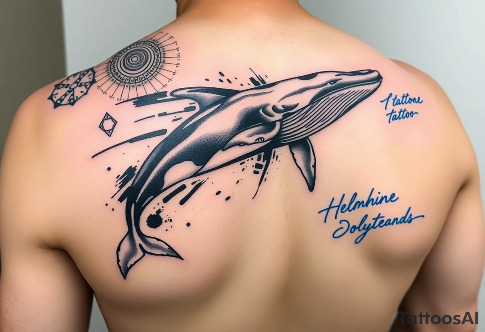 “A realistic-style humpback whale swimming forward across the upper bicep, with its tail transitioning into abstract brushstrokes and artistic smudges. Background includes sacred geometric shapes (circles, triangles, lines) integrated subtly, and a detailed Maori/Polynesian tribal tattoo only on the shoulder area. Add expressive blue calligraphic scribbles – more like ink gestures than text. tattoo idea