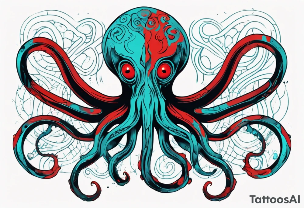 an art in the style of abstract, lovecraft, octopus, textured pigment planes, red and cyan, stencil art tattoo idea