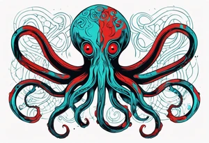 an art in the style of abstract, lovecraft, octopus, textured pigment planes, red and cyan, stencil art tattoo idea