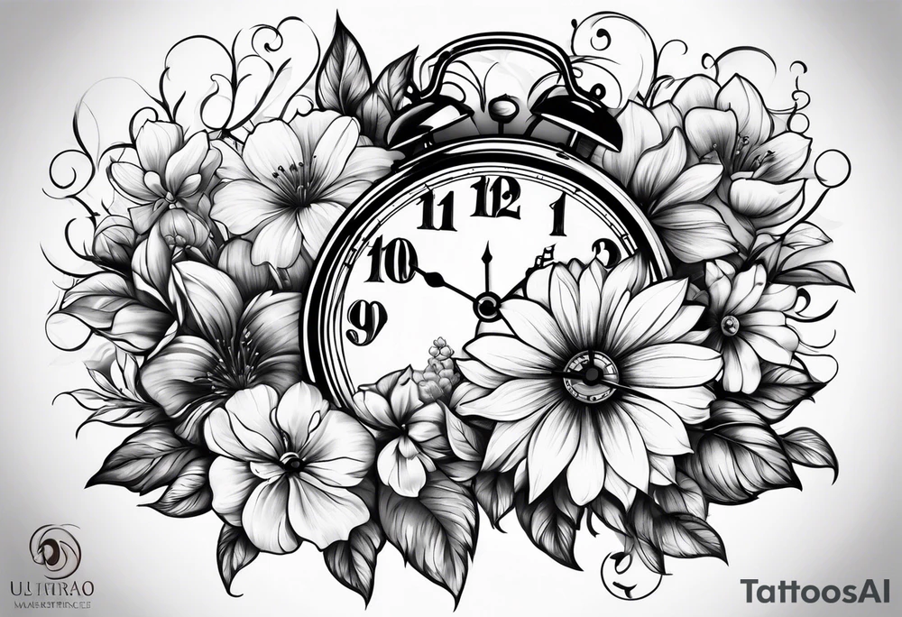 Flowers and clock tattoo idea