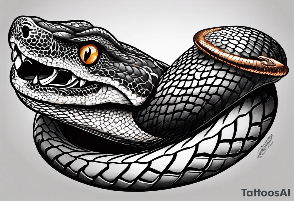 black and white drawing of a snake head with copper eyes an open mouth with mountain bike tire tread tattoo idea
