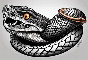 black and white drawing of a snake head with copper eyes an open mouth with mountain bike tire tread tattoo idea
