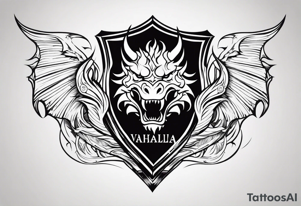 Valhalla sword shield dragon head fire tattoo idea