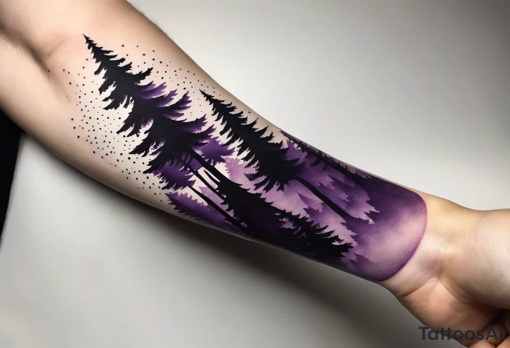 forest, abstract, on hand, no people, purple and black, full, whole wrist wrapped tattoo idea