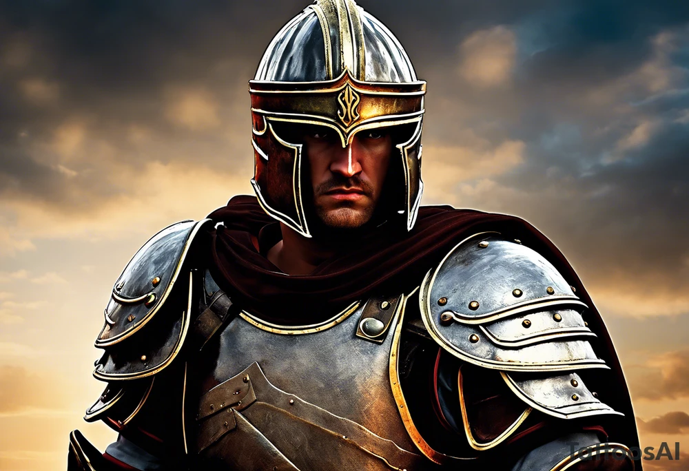 a high ranking roman soldier from AD 60, wearing armour which must include an armoured belt, breastplate, armoured shoes, shield, helmet and sword.
the soldier must look strong. the soldier is faceless. The image must include the full person, not just the top half. The soldier is mid-battle, fending off flaming arrows with his shield tattoo idea