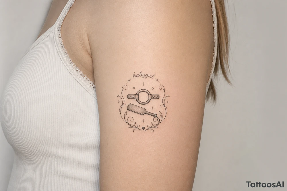 A tattoo for a submissive named babygirl, with a ring gag and a paddle. tattoo idea