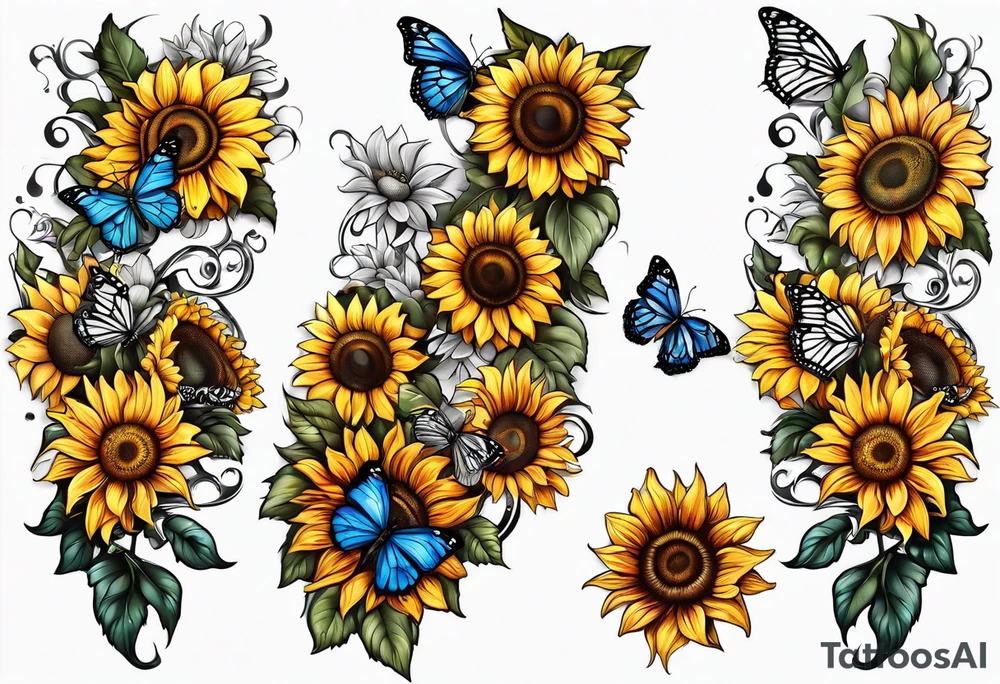 Sleeve with cross, sunflowers and butterflies tattoo idea