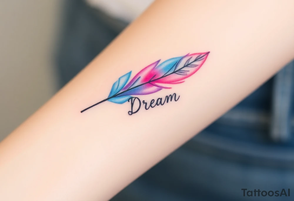 A soft watercolor feather in pastel shades of pink, blue, and lavender, with the word "Dream" gently woven into the strands tattoo idea