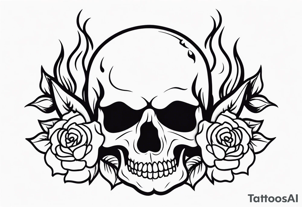Skull with rose and flames tattoo idea