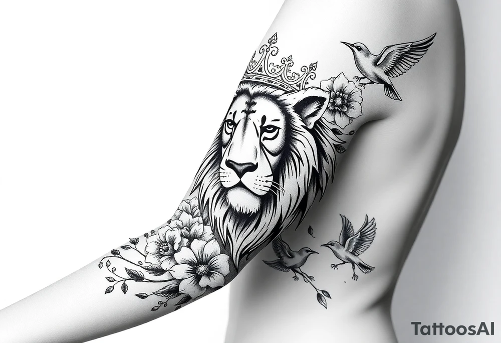 powerful majestic lion with a crown, surrounded by floral ornaments and birds tattoo idea