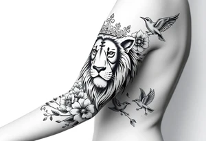 powerful majestic lion with a crown, surrounded by floral ornaments and birds tattoo idea