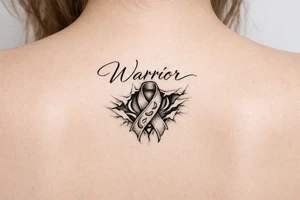 Warrior in cursive with sikkle cells ribbon tearing out of skin tattoo idea