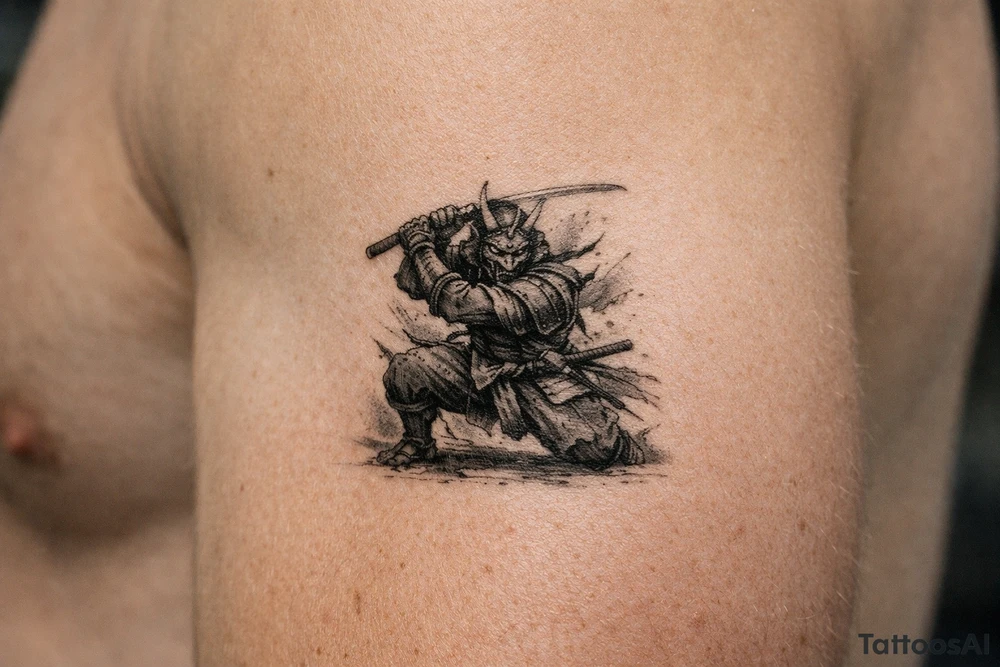 Full body samurai warrior in black and grey, mask prominent, dynamic battle pose, muted tones. tattoo idea