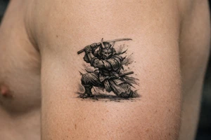 Full body samurai warrior in black and grey, mask prominent, dynamic battle pose, muted tones. tattoo idea