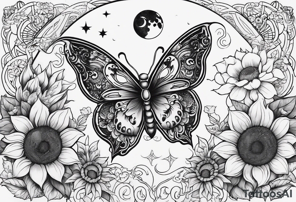 Zodiac sign Cancer, moon, sunflower, flowers, fairy, love, kind, fierce, sun, caring, butterfly, stars tattoo idea