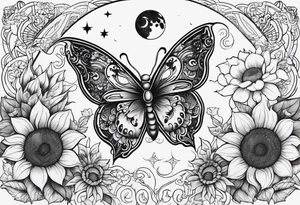 Zodiac sign Cancer, moon, sunflower, flowers, fairy, love, kind, fierce, sun, caring, butterfly, stars tattoo idea