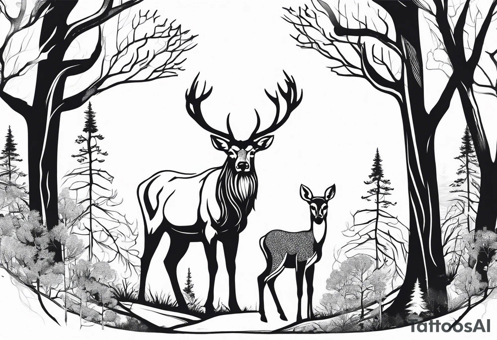 a large majestic male with large antlers, a graceful female and a small fawn. In the background, majestic trees, such as spruce and birch, tattoo idea