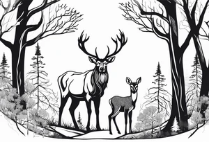 a large majestic male with large antlers, a graceful female and a small fawn. In the background, majestic trees, such as spruce and birch, tattoo idea