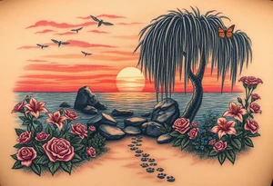 Dark ocean with rocks sunset, weeping willow garden with roses and lilies flower beds. fantasy creatures, fairies, siren, dragonflies, butterflies, cat paw prints path in dirt. tattoo idea