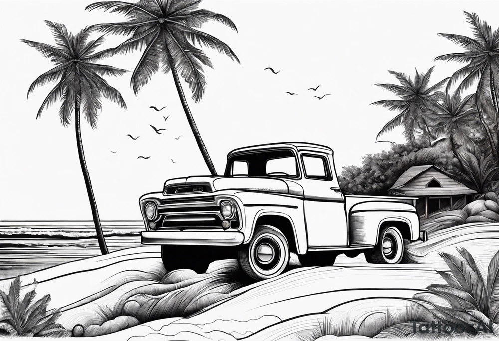 Beach theme, palm trees,waves, sunset, classic truck, marijuana leaf tattoo idea