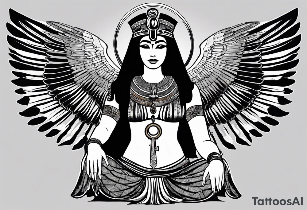 black and white Egyptian goddess Isis, who is often depicted as a woman with outstretched wings, holding an ankh (a symbol of life) in one hand and a lotus flower in the other. Her headdress often includes a throne or a solar disk. The tattoo design can vary in style and size, but it typically aims to capture the essence of this revered Egyptian deity, emphasizing her beauty, power, and maternal qualities. The choice of colors and additional elements can also be customized to create a unique and visually striking representation of the goddess Isis tattoo idea