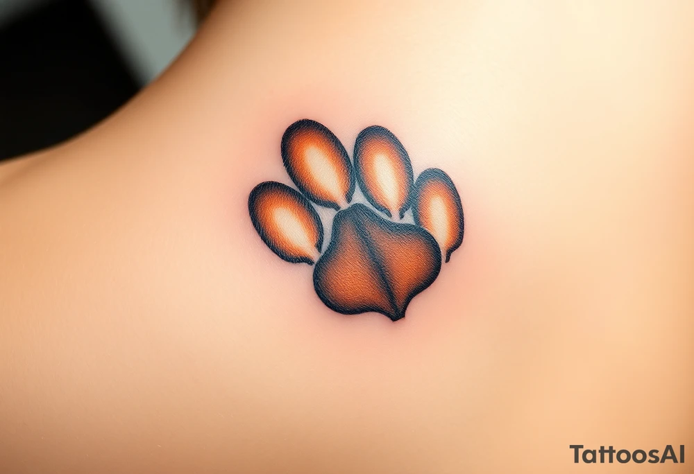 dog paw with fine fur details and warm shades of golden brown, caramel, and soft beige for a lifelike effect with toes formed as hearts tattoo idea